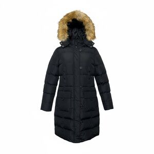 Black Puffer Coat with Removable Faux Fur Trim and Removable Hood